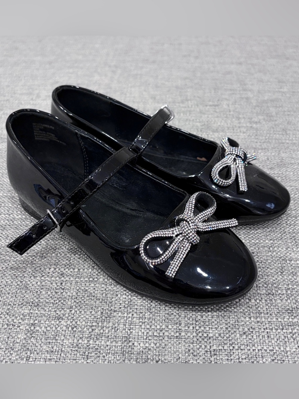 Nordstrom Black Patent Mary Jane Flats with Rhinestone Bow Accent